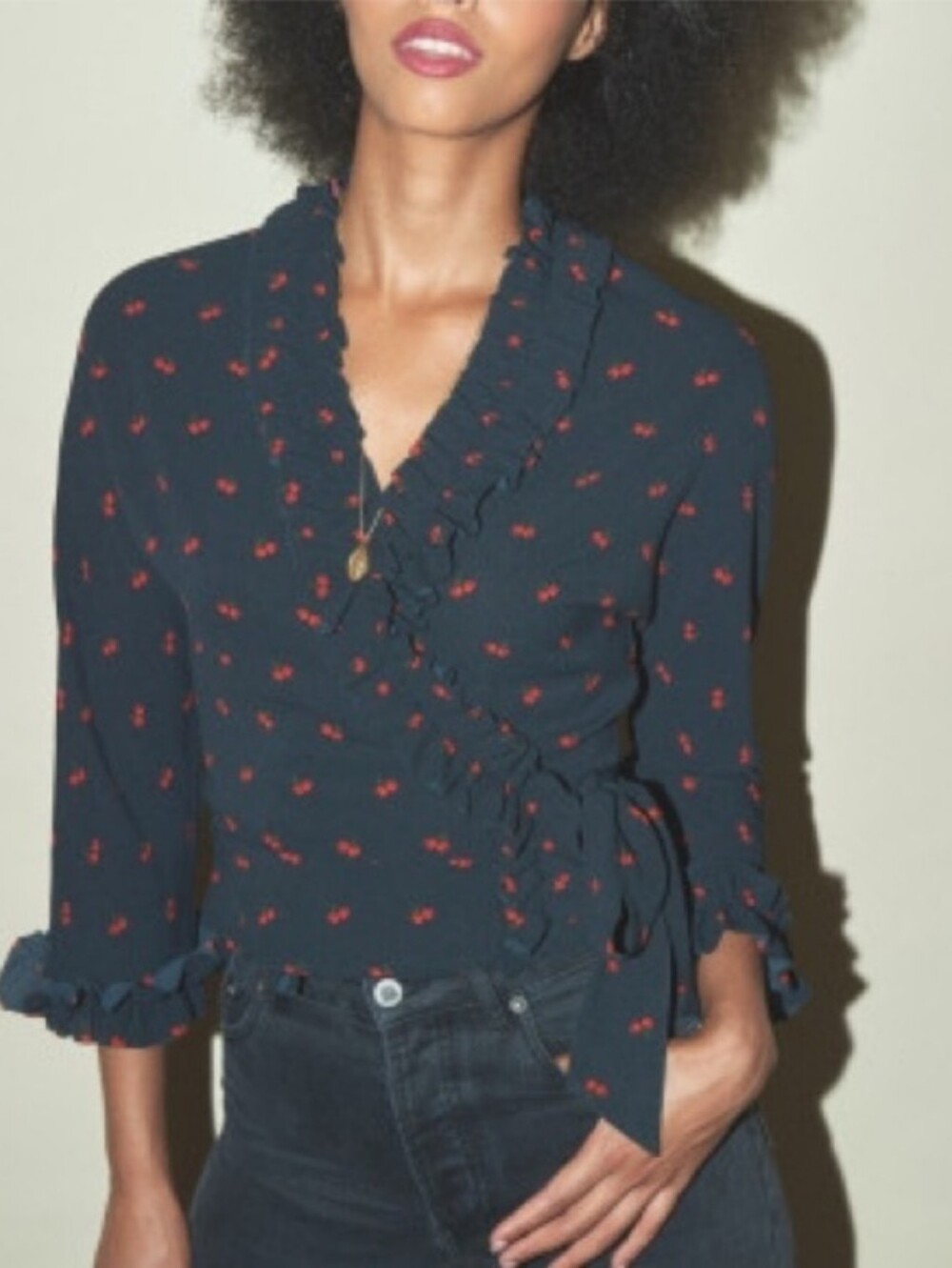 Rouje Paris Frou Frou Blouse Size 34 US 2 Navy Blue With Red Cherry Ruffle Wrap